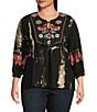 Calessa Plus Size Floral Tie-Dye Embordered Split Neck Tassel Tie Wrist Length Sleeve Tunic, Color:Black/Sand - Image 1