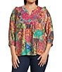 Calessa Plus Size Italian Patchwork Floral Split V-Neck Ruffle 3/4 Sleeve Top - Image 1