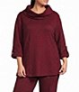 Calessa Plus Size Jacquard Knit Check Cowl Neck Long Roll-Tab Sleeve Top - Image 1