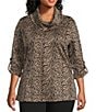 Calessa Plus Size Jacquard Knit Zebra Print Cowl Neck 3/4 Sleeve Tunic, Color:Sand/Black - Image 1