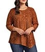 Calessa Plus Size Knit Burnout Crew Neck 3/4 Sleeve Asymmetric Hem Tunic - Image 1