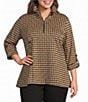 Calessa Plus Size Knit Houndstooth Quarter Zip Mock Neck 3/4 Roll-Tab Sleeve Top - Image 1