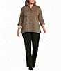 Calessa Plus Size Knit Houndstooth Quarter Zip Mock Neck 3/4 Roll-Tab Sleeve Top - Image 3