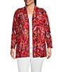 Color:Red Multi - Image 1 - Plus Size Knit Mesh French Vintage Print Shawl Neck Wrist Length Sleeve Cardigan