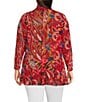 Color:Red Multi - Image 2 - Plus Size Knit Mesh French Vintage Print Shawl Neck Wrist Length Sleeve Cardigan