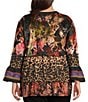 Calessa Plus Size Knit Mixed Media Patchwork V-Neck 3/4 Sleeve Tunic, Color:Crimson/Multi - Image 2