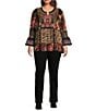 Calessa Plus Size Knit Mixed Media Patchwork V-Neck 3/4 Sleeve Tunic, Color:Crimson/Multi - Image 3