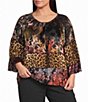 Calessa Plus Size Knit Mixed Print Elastic Scoop Neck 3/4 Sleeve Top - Image 1