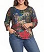 Calessa Plus Size Knit Multicolor Digital Crew Neck 3/4 Sleeve Top - Image 1