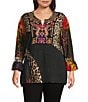 Calessa Plus Size Knit Patchwork Embroidered Split V-Neck 3/4 Sleeve Tunic, Color:Crimson Multi - Image 1