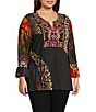 Calessa Plus Size Knit Patchwork Embroidered Split V-Neck 3/4 Sleeve Tunic, Color:Crimson Multi - Image 3