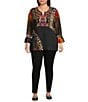 Calessa Plus Size Knit Patchwork Embroidered Split V-Neck 3/4 Sleeve Tunic, Color:Crimson Multi - Image 5