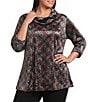 Calessa Plus Size Knit Plaid Cowl Neck 3/4 Roll-Tab Sleeve Tunic - Image 1