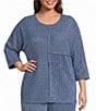 Calessa Plus Size Knit Stripe Scoop Neck Short Sleeve Asymmetric Coordinating Top - Image 1