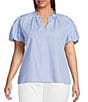 Calessa Plus Size Knit Stripe Split V-Neck Beaded Short Balloon Sleeve Tunic - Image 1
