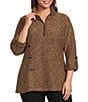Calessa Plus Size Knit Texture Zip Mock Neck 3/4 Roll-Tab Sleeve Tunic - Image 1
