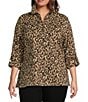 Calessa Plus Size Knit Textured Leopard Print Wire Collar Zip Front 3/4 Sleeve Tunic, Color:Gold/Black - Image 1
