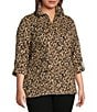 Calessa Plus Size Knit Textured Leopard Print Wire Collar Zip Front 3/4 Sleeve Tunic, Color:Gold/Black - Image 3