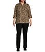 Calessa Plus Size Knit Textured Leopard Print Wire Collar Zip Front 3/4 Sleeve Tunic, Color:Gold/Black - Image 5