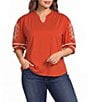 Calessa Plus Size Knit V-Neck Embroidered Elbow Puff Sleeve Top - Image 1