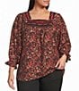Calessa Plus Size Leaf Print Embroidered Square Neck Elbow Sleeve Coordinating Tunic - Image 1