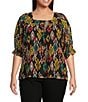 Calessa Plus Size Mesh Knit Abstract Ikat Print Square Neck Elbow Sleeve Tunic, Color:Black Multi - Image 1