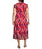 Calessa Plus Size Mesh Knit Abstract Ikat Print V-Neck Cap Sleeve Midi Dress, Color:Red Multi - Image 2