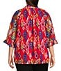 Calessa Plus Size Mesh Knit Printed Round Split Neck 3/4 Sleeve Button Front Tunic, Color:Red Multi - Image 2