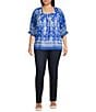 Calessa Plus Size Mesh Knit Border Henna Printed Square Neck Elbow Sleeve Tunic, Color:Blue/White - Image 3