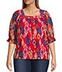Calessa Plus Size Mesh Knit Ikat Printed Square Neck Elbow Sleeve Tunic, Color:Red Multi - Image 1