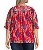 Calessa Plus Size Mesh Knit Ikat Printed Square Neck Elbow Sleeve Tunic, Color:Red Multi - Image 2
