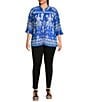 Calessa Plus Size Mesh Knit Split V-Neck 3/4 Sleeve Border Henna Print Tunic, Color:Blue/White - Image 3