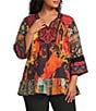 Calessa Plus Size Mixed Floral Print Embroidered Split V-Neck 3/4 Bell Sleeve Tunic - Image 1