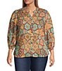 Calessa Plus Size Mosaic Patchwork Print High Split V-Neck 3/4 Sleeve Button Front Blouse, Color:Sand Multi - Image 1