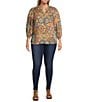 Calessa Plus Size Mosaic Patchwork Print High Split V-Neck 3/4 Sleeve Button Front Blouse, Color:Sand Multi - Image 3