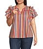 Calessa Plus Size Multi Stripe Split V-Neck Short Ruffle Sleeve Tunic, Color:Red Multi - Image 1