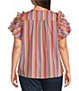 Calessa Plus Size Multi Stripe Split V-Neck Short Ruffle Sleeve Tunic, Color:Red Multi - Image 2