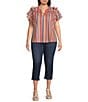 Calessa Plus Size Multi Stripe Split V-Neck Short Ruffle Sleeve Tunic, Color:Red Multi - Image 3