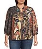 Calessa Plus Size Paisley Split V-Neck 3/4 Sleeve Button Front Tunic, Color:Black Multi - Image 1