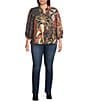 Calessa Plus Size Paisley Split V-Neck 3/4 Sleeve Button Front Tunic, Color:Black Multi - Image 3