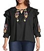 Calessa Plus Size Patchwork Embroidered Split V-Neck 3/4 Sleeve Tunic, Color:Black Multi - Image 1