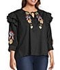 Calessa Plus Size Patchwork Embroidered Split V-Neck 3/4 Sleeve Tunic, Color:Black Multi - Image 3