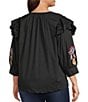Calessa Plus Size Patchwork Embroidered Split V-Neck 3/4 Sleeve Tunic, Color:Black Multi - Image 4