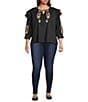Calessa Plus Size Patchwork Embroidered Split V-Neck 3/4 Sleeve Tunic, Color:Black Multi - Image 5