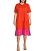 Color:Orange/Red - Image 1 - Plus Size Point Collar Short Sleeve Tiered Color Block Dress