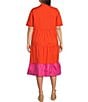 Color:Orange/Red - Image 2 - Plus Size Point Collar Short Sleeve Tiered Color Block Dress