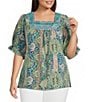 Calessa Plus Size Printed Embroidered Square Neck Short Sleeve Tunic - Image 1