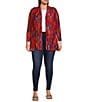 Color:Red Multi - Image 3 - Plus Size Printed Mesh Open Front Long Sleeve Cardigan