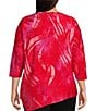 Color:Red Multi - Image 2 - Plus Size Round Neck Long Sleeve Asymmetric Hem Burnout Tie Dye Blouse