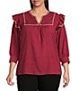 Calessa Plus Size Ruffle Shoulder Contrast Stitching Split V- Neck 3/4 Sleeve Tunic, Color:Crimson - Image 1